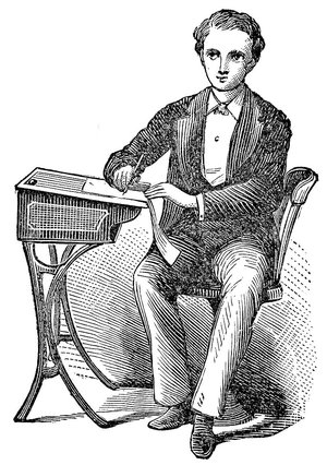 Gravure : un écolier à son pupitre